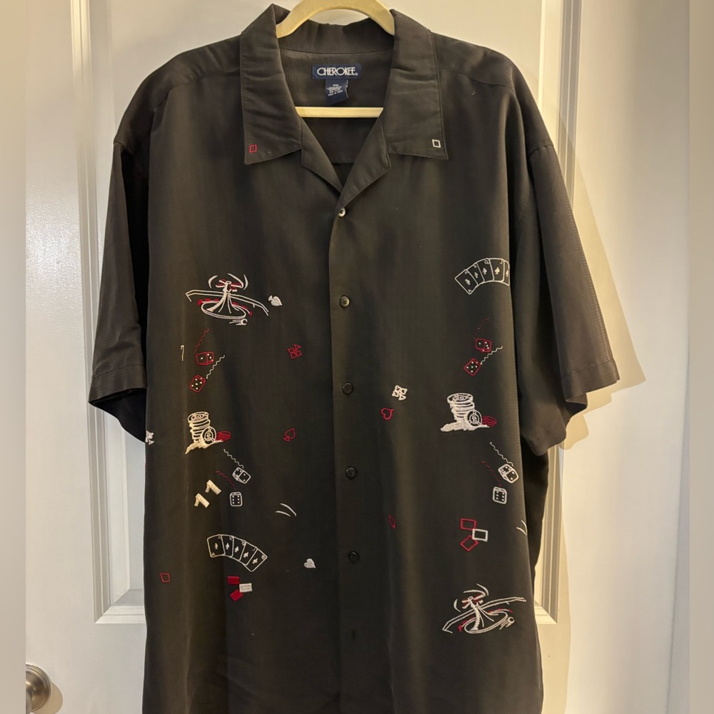 Men’s Black Short-Sleeve Button Shirt with Casino Print Themed Sz XXL